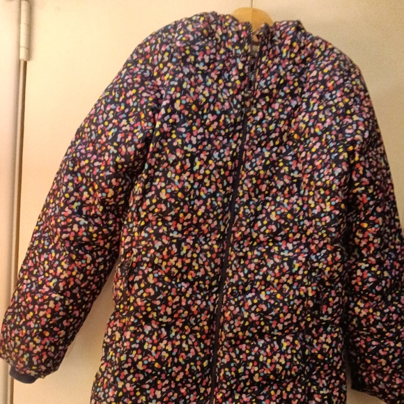 Lands End Faux Fur-lined Girls Coat. Navy with Colorful Speckled L(10 -12)